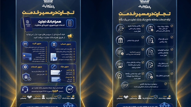 خدمات غیرحضوری، کارت و سامانه جامع چک بانک تجارت در دسترس مشتریان